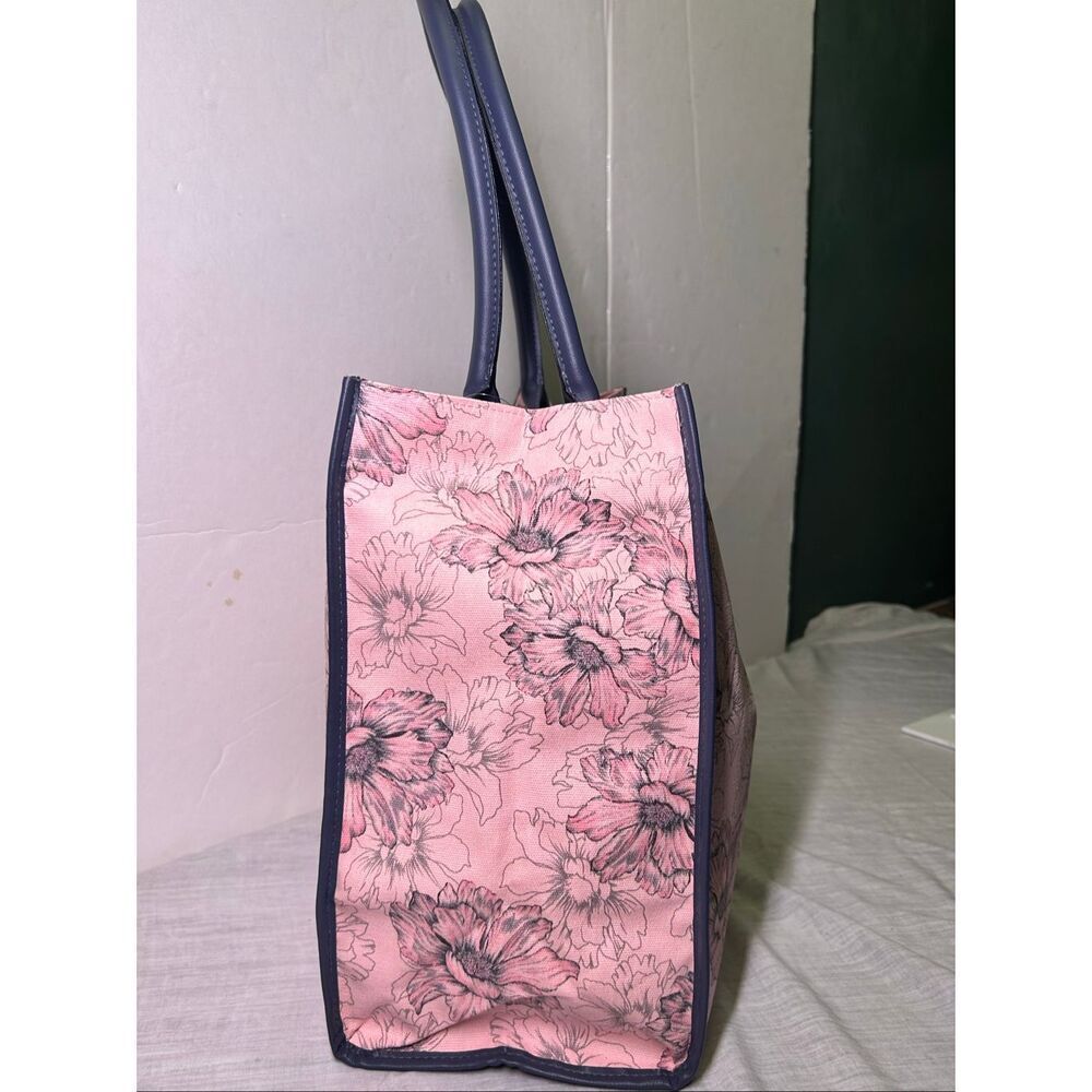 Victoria's Secret Pink Floral Canvas Travel Tote Bag Navy Blue Straps Gold VS Lo - Picture 5 of 8